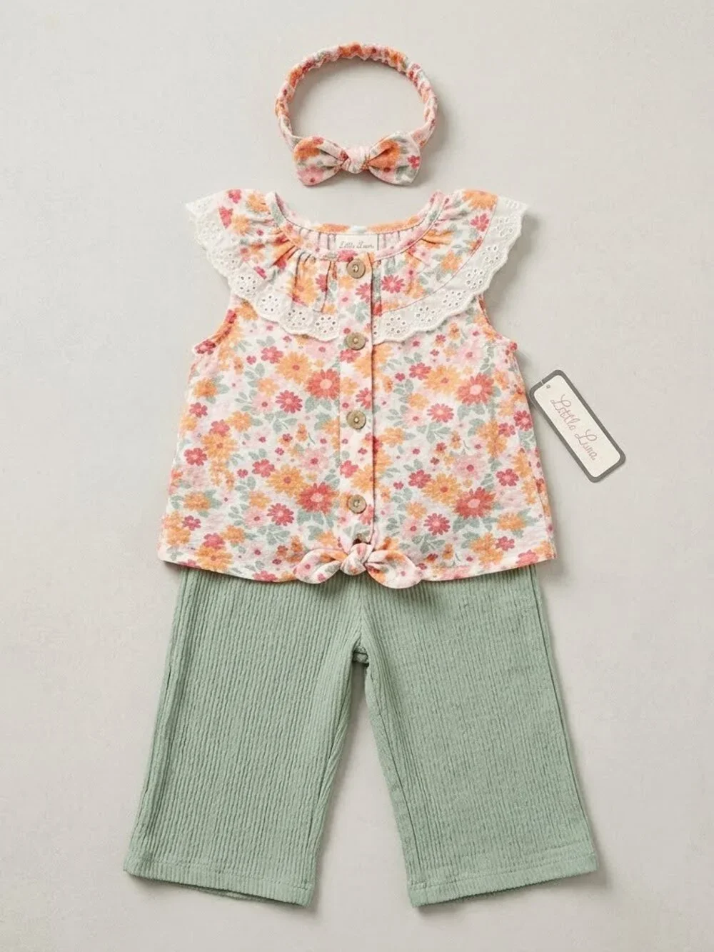 NWT Little Lass Floral Top & Green Pants 3pc Set with Headband 24M